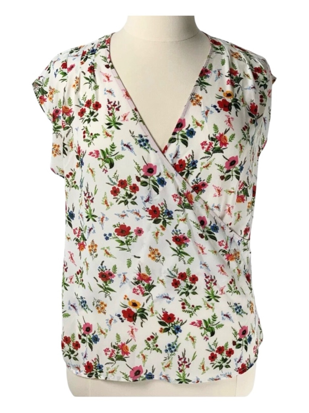 Pleione Floral V-Neck Short Sleeve Wrap Top Blouse Size Small White/Multi